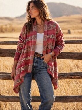 Lauren Ralph Lauren Rust Red Southwestern Shawl Cardigan